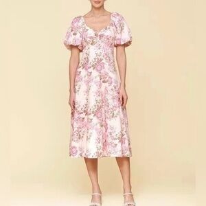 Avec Les Filles pink floral print puff sleeve midi dress linen blend Size 6 NWOT